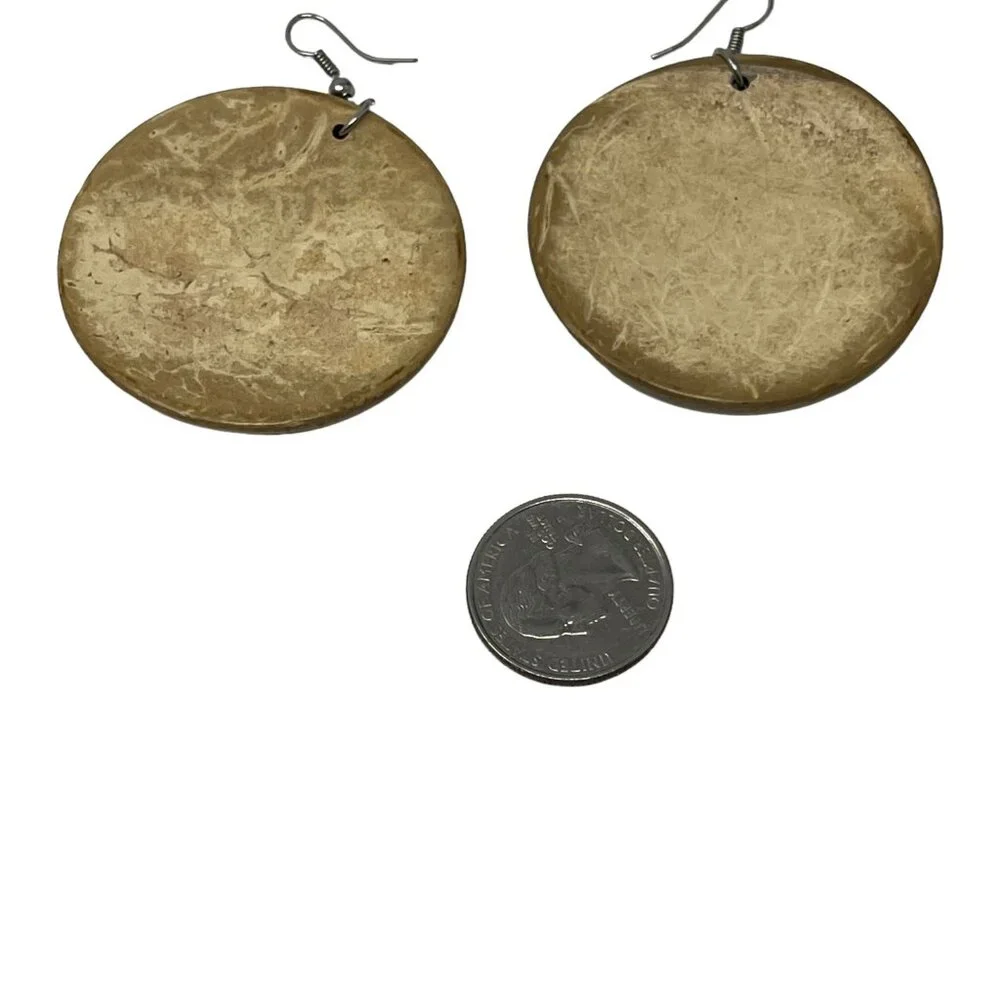 Turtle Earrings Wood Carved Brown Large Disk Wire Pierced‎ Vintage Silver Tone